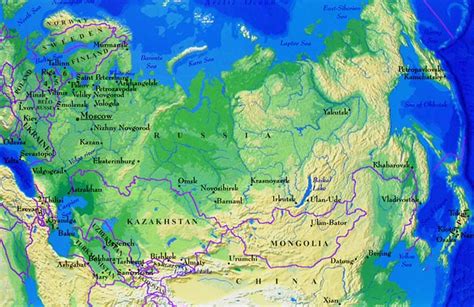 Mapa Ruska s vyznačenými oblasťami Uralu a Sibíri