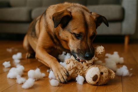 Pes žúva drevenú hračku