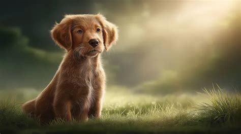 Šteniatko zlatého retrievera hrajúce sa na lúke