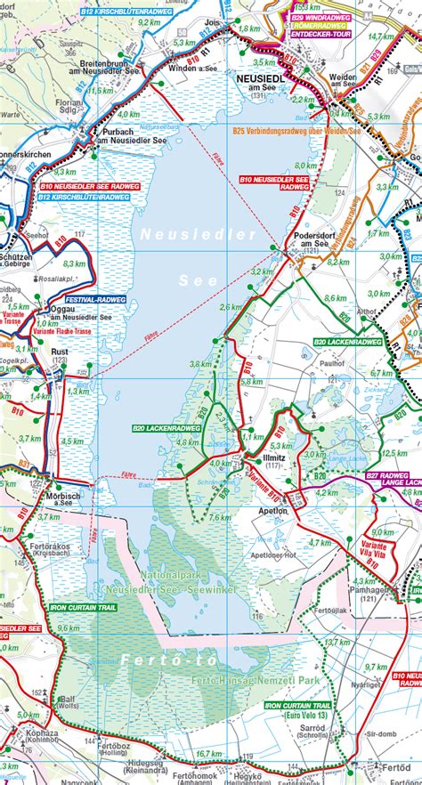 Mapa Neziderského jazera s vyznačenými oblasťami a mestami