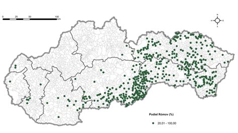 Mapa zobrazujúca obce s výraznou rómskou komunitou na Slovensku