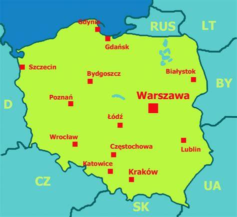 Mapa regiónov a miest spomínaných v seriáli (Poľsko, Berlín, Katovice)