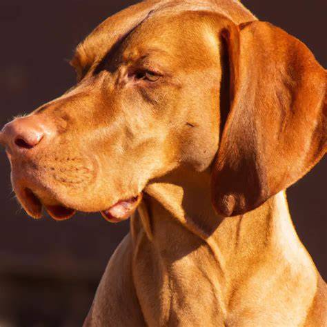 Obravená vizsla vo vidieckom prostredí - zlatohnedá farba, atletická stavba