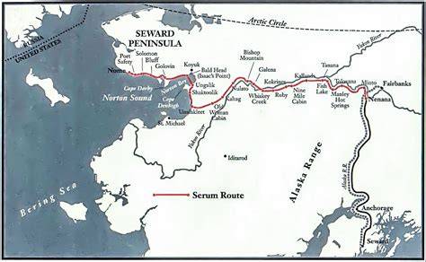 Mapa trasy Serum Run a hlavné miesta Nome a Nenana