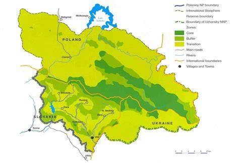 Ilustratívna mapa rozšírenia zubra hrivnatého a lokalizácie NP Poloniny, Poľsko, Ukrajina