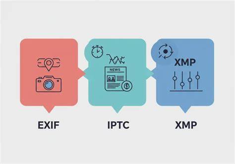 Infografika vysvetľujúca EXIF, IPTC a XMP metadáta a ich vzťah
