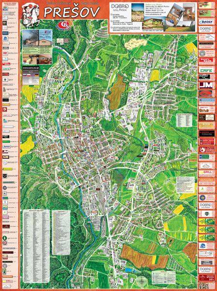 Mapa Prešova s vyznačenými štvrťami Staré Mesto, Sídlisko III a Solivary