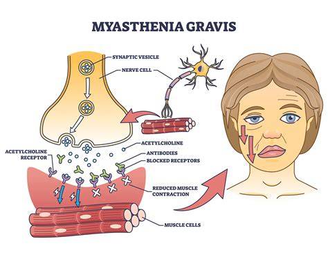 Schéma nervovo-svalového prenosu a miesta narušenia pri myasthenia gravis