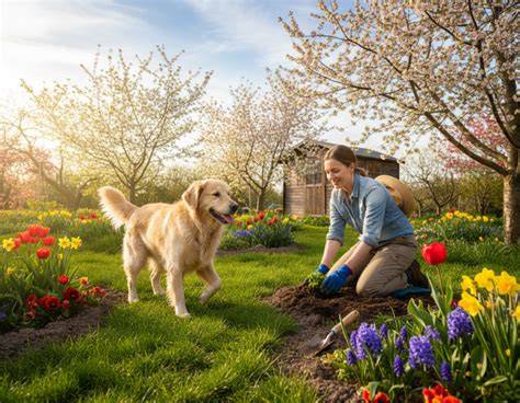 Holands'ký tulipánový pes v záhrade medzi tulipánmi - vizuálna reprezentácia plemena