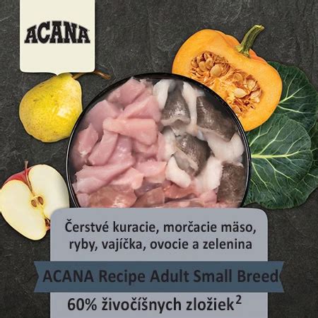 Infografika: Zloženie krmiva Acana - percentuálny podiel živočíšnych bielkovín a hlavné zdroje bielkovín (kurča, ryby, jahňacie)