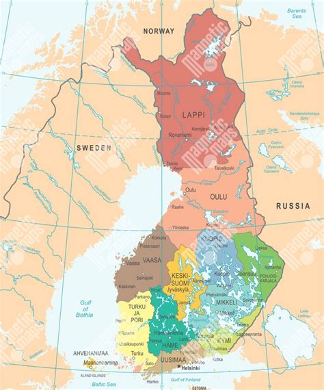 Mapa Fínska s vyznačenými oblasťami Karelie