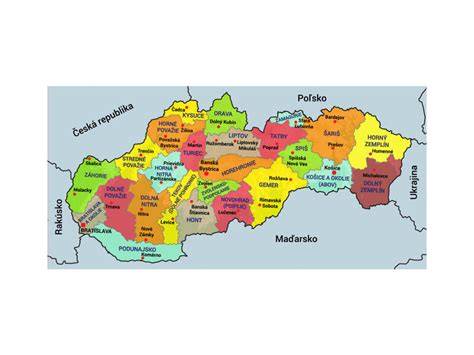 Mapa Slovenska s vyznačenými regiónmi vhodnými pre pobyty so psom: Vysoké Tatry, Liptov, Nízke Tatry, Slovenský kras a zvyšok SR