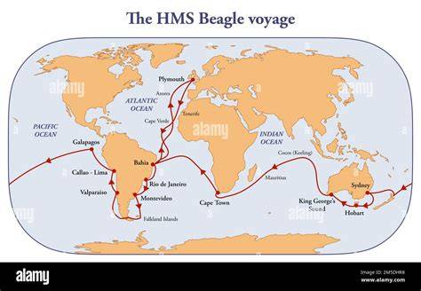 Mapa trasy HMS Beagle a hlavné zastávky na Južnej Amerike a Galapágach