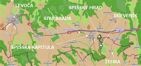 Mapa regiónu Spiš a hlavné pamiatky na UNESCO (Spišský hrad, Levoča, Spišská Kapitula)