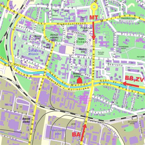 Mapa Prievidze s vyznačenými dôležitými inštitúciami